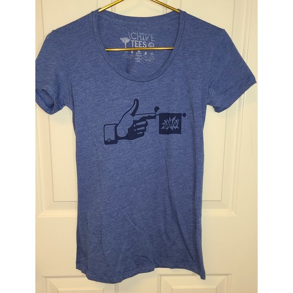 Chive Tees Tops - Chive Tees Women Heathered Blue Short Sleeve T-Shirt Med Finger Gun 'BANG'